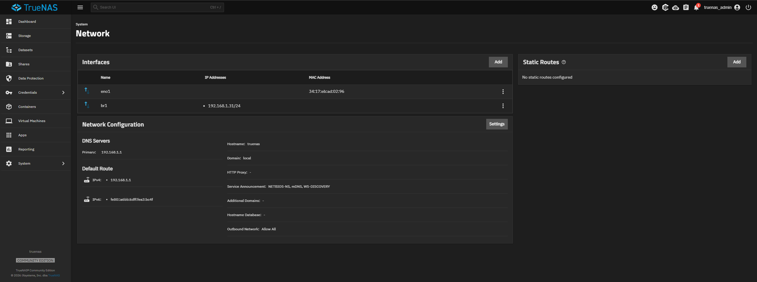 TrueNAS network configuration showing the br1 bridge